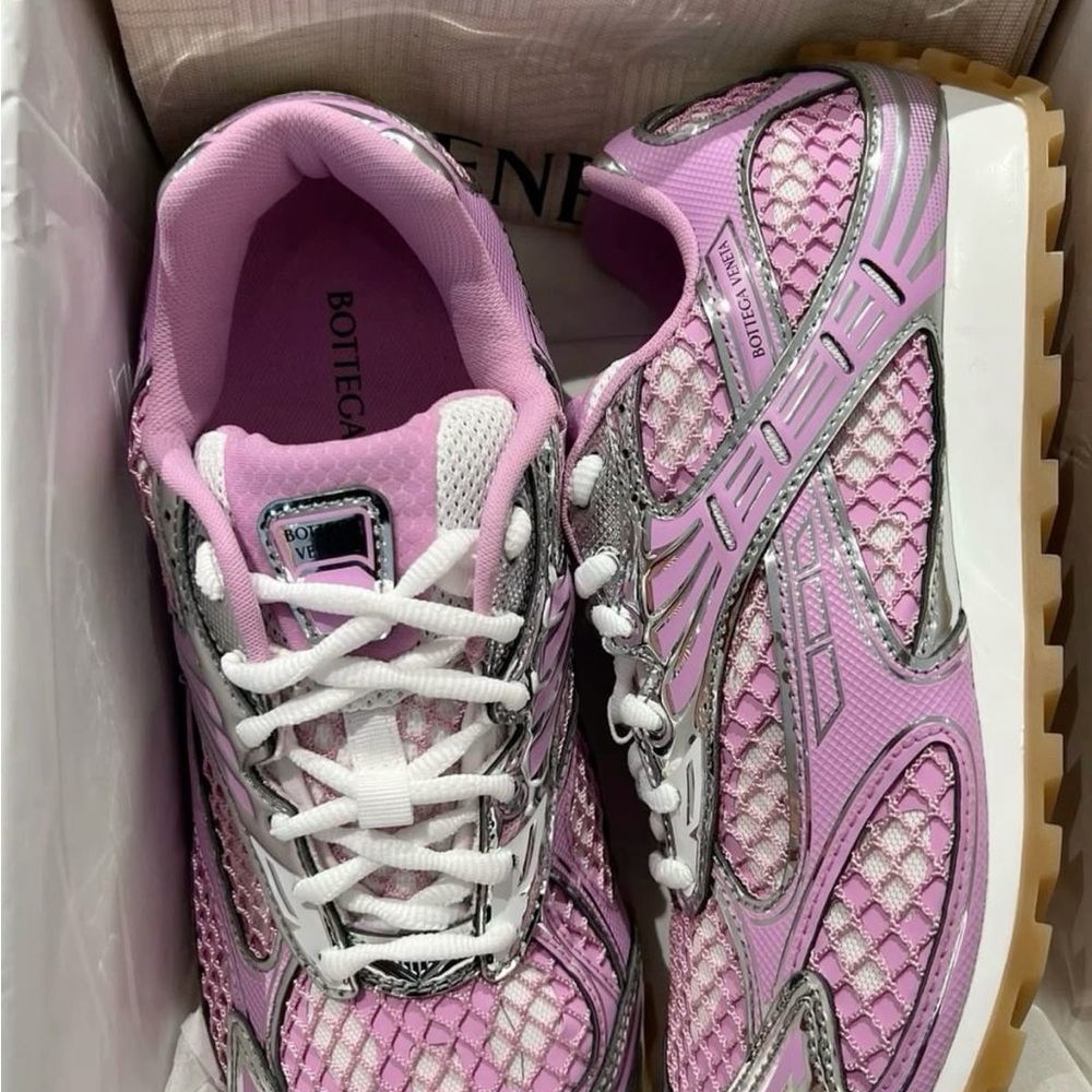 Bottega Veneta Pink and White Sneakers with Mesh Upper